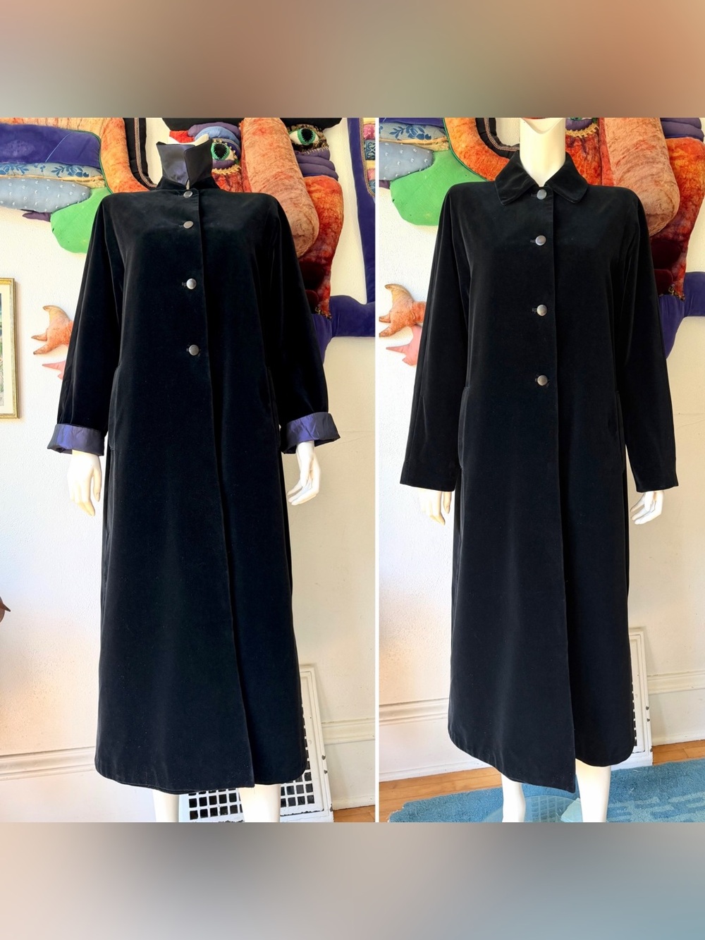 Vintage BLACK VELVET REVERSIBLE Drizzle Coat Purple Saks Fifth Ave Long Opera 10